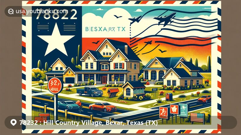 Modern illustration of Hill Country Village, Bexar County, Texas, embodying the essence of ZIP code 78232, featuring affluent rural community vibes with Texas state symbols and a suburban landscape.