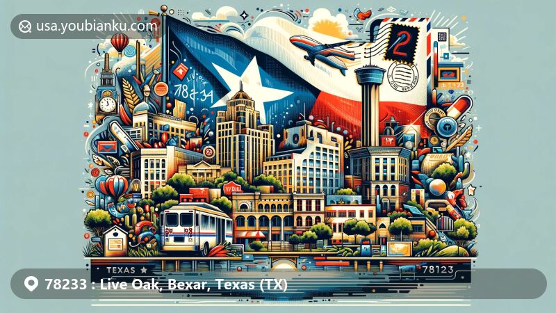 Modern illustration of Live Oak, Bexar County, Texas, combining local uniqueness with Texas symbols, featuring postal elements like postcard and airmail envelope, showcasing ZIP code 78233.