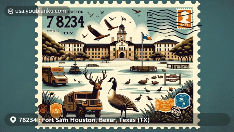 Modern illustration of Fort Sam Houston, Texas, showcasing its significance as the largest military medical training facility, the historic Quadrangle with Clock Tower, and the iconic peafowl and deer in the scenic landscape.