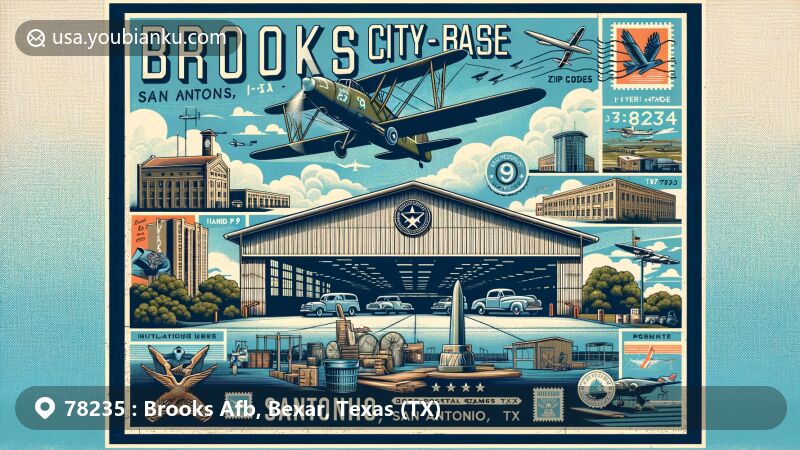 Modern illustration of Brooks City-Base, San Antonio, TX, showcasing aviation history with landmarks like Hangar 9 and integrating postal themes through an aviation-themed postcard design.