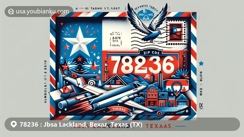Modern illustration of Jbsa Lackland, Bexar County, Texas, featuring airmail envelope design with ZIP code 78236, incorporating Lone Star flag and Texas cultural elements.