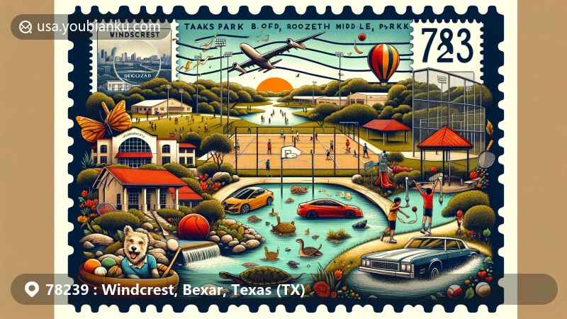 Modern illustration of Windcrest, Bexar County, Texas, highlighting local parks like Takas Park, Brook Falls Park, and Autumn Sunset Park, with recreational activities such as tennis, basketball, soccer, and pond picnics, alongside vibrant community life and natural beauty of fish-filled ponds.