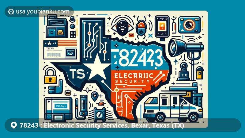 Modern illustration of Bexar County, Texas, with ZIP code 78243, combining regional features and electronic security services, showcasing Texas state flag and electronic security symbols.