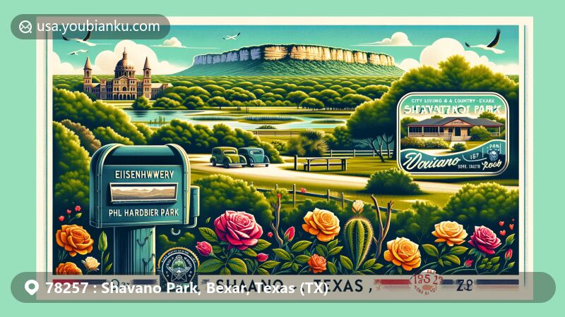 Modern illustration of Shavano Park, Bexar, Texas (TX), showcasing the blend of natural beauty and modern conveniences, including Phil Hardberger Park's nature-education center and Eisenhower Park's recreational spaces, highlighted by a vibrant rose garden and vintage postal elements with ZIP code 78257.