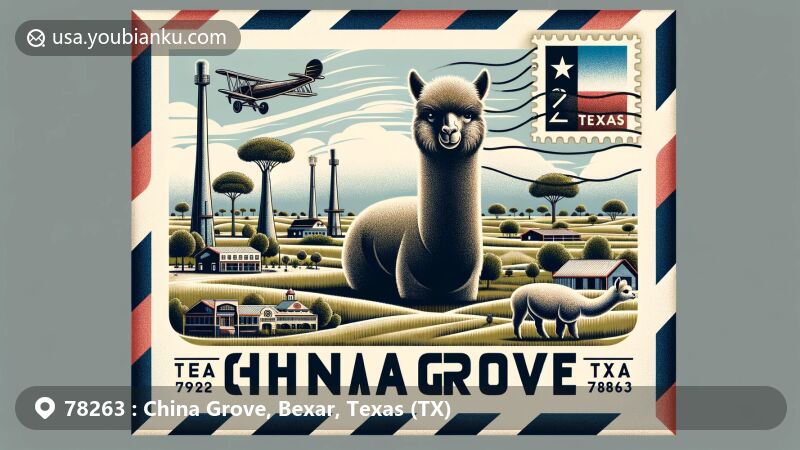 Modern illustration of China Grove, Bexar County, Texas, inspired by vintage air mail envelope, featuring chinaberry trees, Texas state flag, 'China Grove, TX 78263' postmark, vintage stamp of China Grove Roller Mills, and alpacas from Happy Tails Alpaca Farm.