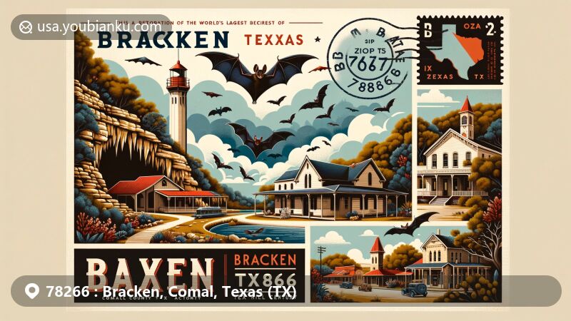 Modern illustration of Bracken, Comal County, Texas, showcasing the postal theme with ZIP code 78266, highlighting the Bracken Bat Cave and Bracken Village's historical buildings, shops, and cultural significance in the Texas Hill Country.