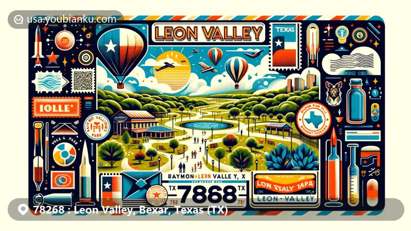 Creative wide-format illustration of Raymond Rimkus Park in Leon Valley, Texas, with iconic Texas elements and postal theme featuring vintage postage stamp and airmail-inspired border.