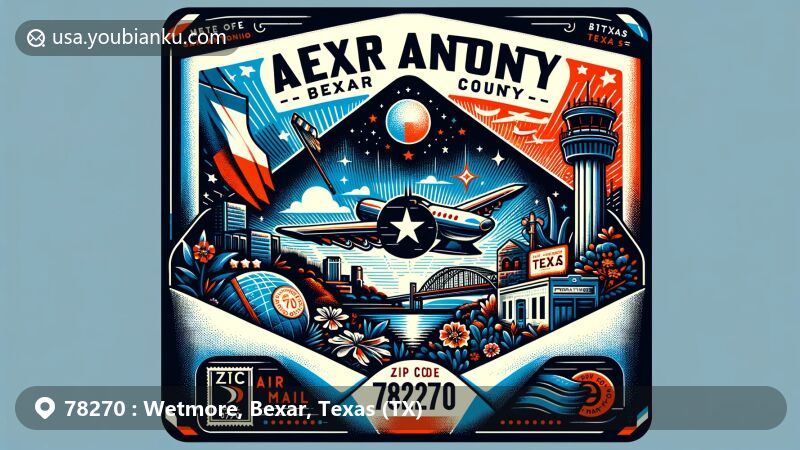 Modern illustration of Wetmore, Texas in Bexar County, showcasing postal theme with ZIP code 78270, featuring iconic Texas symbols and Bexar County heritage.