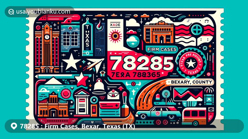 Modern illustration of Firm Cases, Bexar County, Texas, showcasing postal theme with ZIP code 78285, featuring Texas state flag and iconic landmarks.