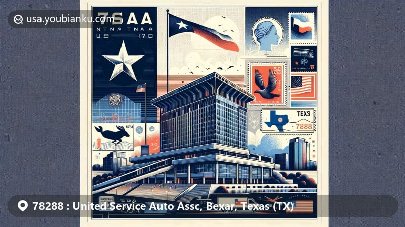 Modern illustration of the USAA headquarters in San Antonio, Texas, featuring the Texas state flag and postal elements, highlighting the significance of ZIP code 78288.