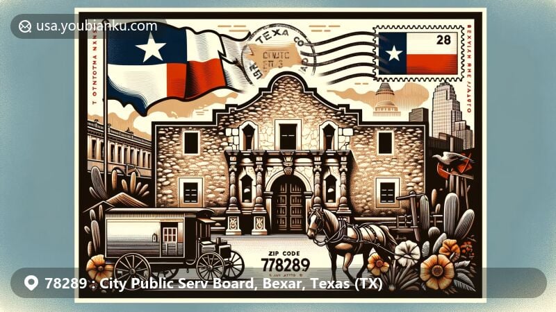 Modern illustration of San Antonio, Bexar County, Texas, showcasing Alamo as central landmark with Texas flag and postal theme for ZIP code 78289.