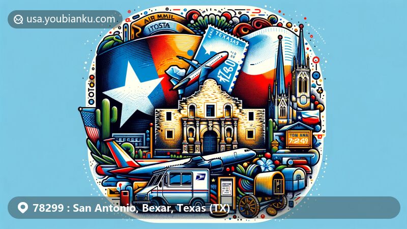 Modern illustration of San Antonio, Bexar, Texas, featuring iconic elements like The Alamo and San Fernando Cathedral, along with the Texas flag, creatively integrated into a contemporary air mail envelope design with postal motifs.