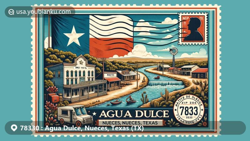 Modern illustration of Agua Dulce, Nueces, Texas, showcasing postal theme with ZIP code 78330, featuring Texas state flag, Nueces County outline, and local landmarks like sweet water symbolizing the city's name.