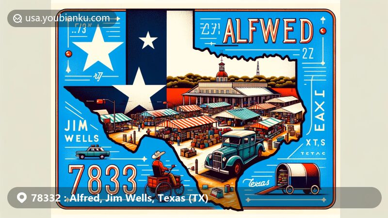 Modern illustration of Alfred, Jim Wells County, Texas, depicting ZIP code 78332, showcasing the famous outdoor flea market, Texas state flag, and an outline of Jim Wells County. Postal elements include vintage postage stamp, postmark, and mailbox or postal truck.