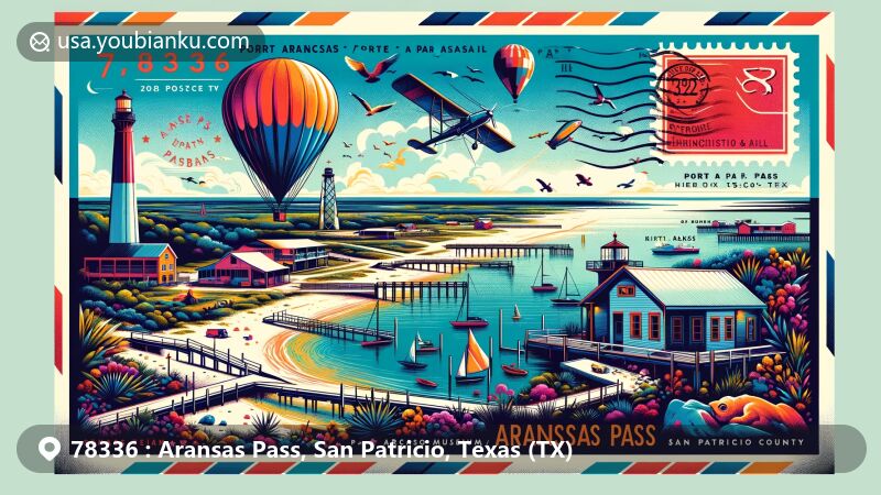Modern illustration of Aransas Pass, San Patricio County, Texas, showcasing postcard design with elements like Aransas Pass Harbor Park, Port Aransas Museum, Lighthouse Lakes, and Chute ‘Em Up Parasailing, along with vintage postmark and Texas state flag.