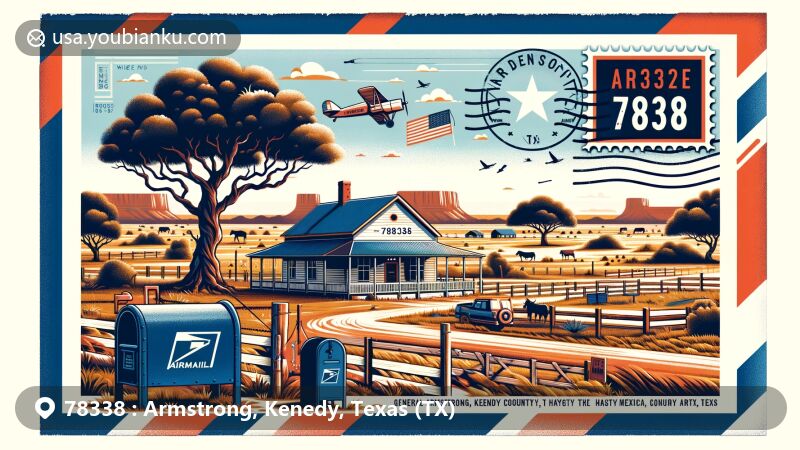 Modern illustration of Armstrong, Kenedy County, Texas, showcasing postal theme with ZIP code 78338, featuring vintage airmail envelope, stamps, postmark, and mailbox, against a backdrop of rural landscape, including a post office, ranch lands, Texas state flag, and references to Armstrong Ranch and General Zachary Taylor's campsite.