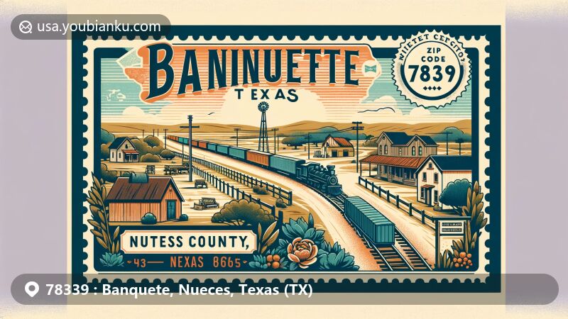 Modern illustration of Banquete, Nueces County, Texas, featuring postal theme with ZIP code 78339, showcasing unique elements like State Highway 44 and FM 666 intersection, historical events, and modern postal elements.