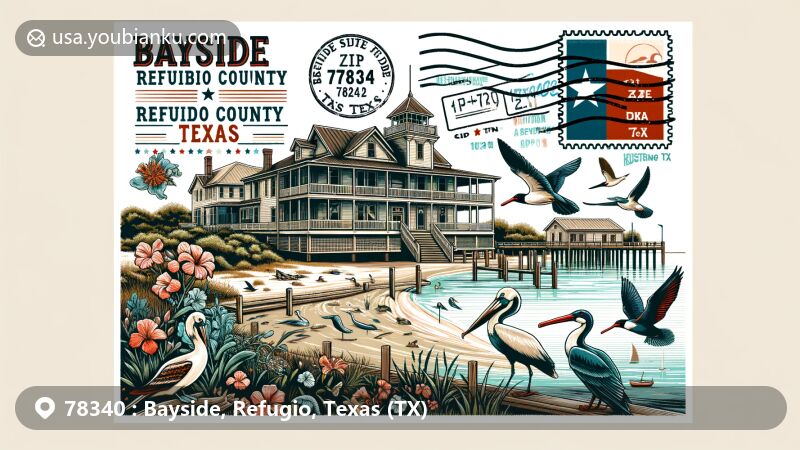 Modern illustration of Bayside, Refugio County, Texas, showcasing Wood Mansion, Copano Bay, local wildlife, and postal theme with Texas state symbols and ZIP code 78340.