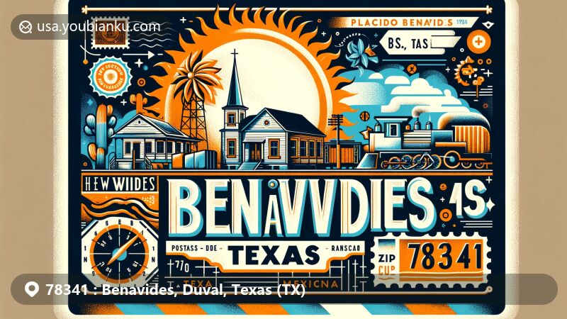 Modern illustration of Benavides, Duval County, Texas, featuring historical elements like Plácido Benavides's ranch, the Texas Mexican Railway station, and postal theme with ZIP code 78341.