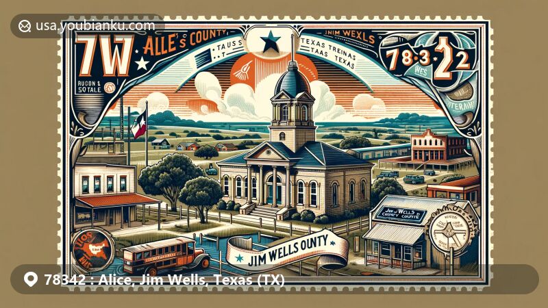 Modern illustration of Alice, Jim Wells County, Texas, featuring the Jim Wells County Courthouse and Texas cultural symbols, set in the South Texas Plains with postal elements like a vintage postage design for ZIP code 78342.