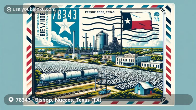 Modern illustration of Bishop, Texas, showcasing postal theme with ZIP code 78343, featuring cotton fields, Celanese Corporation, railroad, Texas flag, and vintage postal stamp.