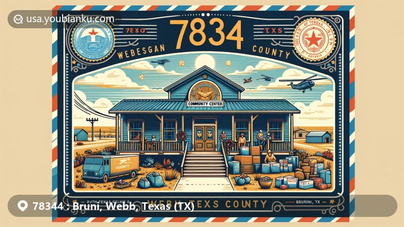 Modern illustration of Bruni, Webb County, Texas, featuring Bruni Community Center and Webb County seal, showcasing local community engagement and events, with airmail envelope border symbolizing postal heritage.