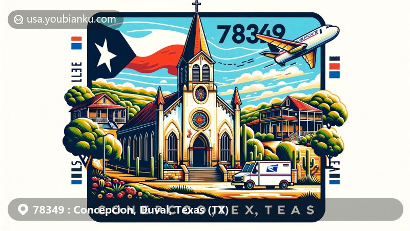 Modern illustration of Concepcion, Duval County, Texas, showcasing the oldest Catholic church in South Texas built in 1866 and renovated in 1947, surrounded by the landscape of South Texas, with an integrated airmail envelope highlighting ZIP Code 78349.