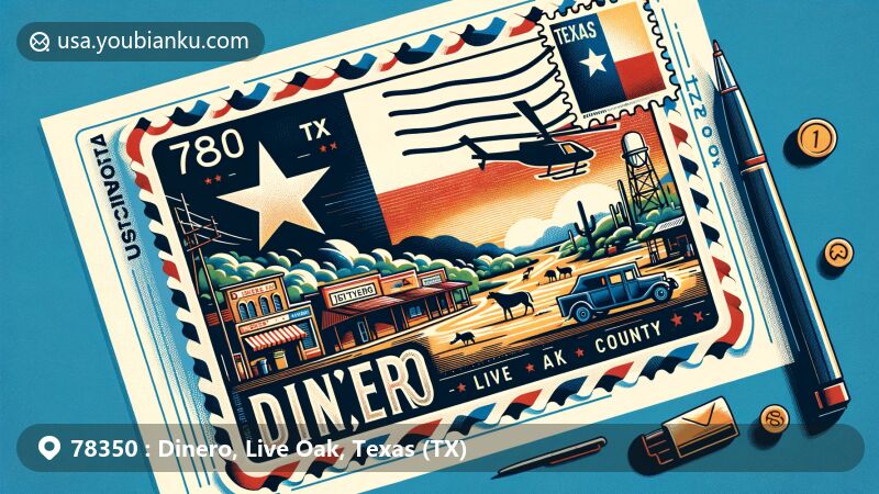 Modern illustration of Dinero, Live Oak County, Texas, resembling a postcard with ZIP code 78350, showcasing Texas cultural symbols and postal features.