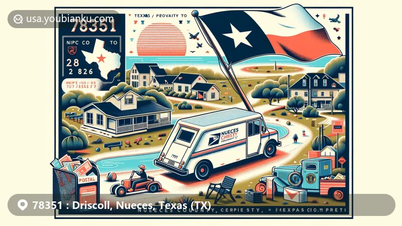Creative illustration of Driscoll, Nueces County, Texas, capturing the small-town charm, proximity to Corpus Christi, and community spirit, featuring the Texas state flag, Nueces County outline, and postal symbols with a leisurely lifestyle theme.