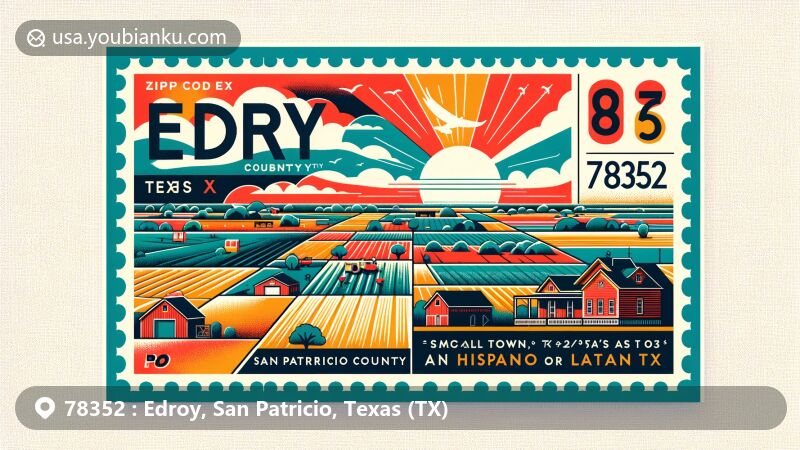 Modern illustration of Edroy, Texas, in San Patricio County, featuring geographic coordinates, cultural richness, and postal identity with a Latino community. Includes Texan landscapes, a ranch, PO Box, Edroy's ZIP Code 78352, Texas state outline, and Odem-Edroy Independent School District emblem.