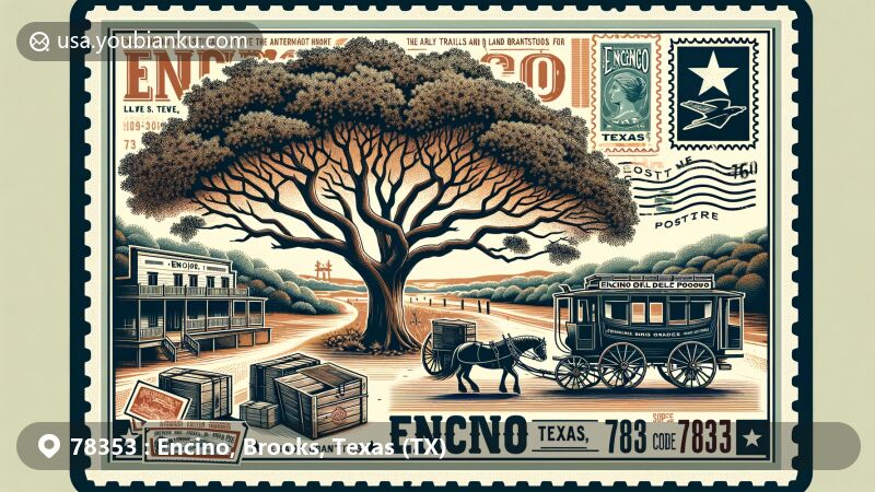 Modern illustration of Encino, Brooks County, Texas, featuring iconic live oak tree symbolizing historical landmark 'El Encino del Poso' and vintage stagecoach, set against South Texas plains backdrop with postal-themed elements.