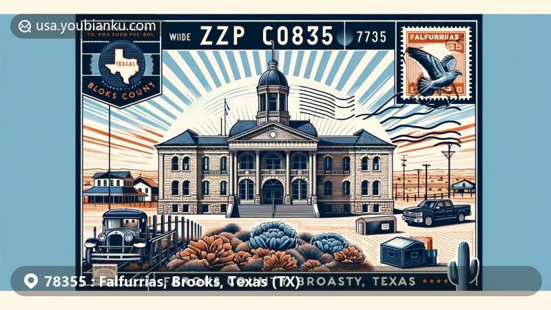 Modern illustration of Falfurrias, Brooks County, Texas, highlighting the Classic Revival style Brooks County Courthouse, the Heritage Museum, and elements of the Chisholm Trail, with desert flora and vintage postal design.