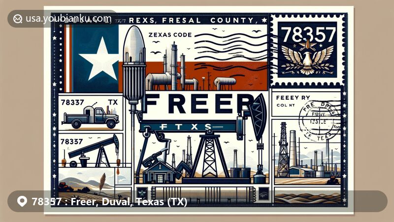 Modern illustration of Freer, TX, showcasing postal theme with ZIP code 78357, featuring Texas state flag, Duval County outline, and oil field imagery.