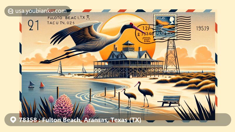 Modern illustration of Fulton Beach, Texas, featuring Fulton Mansion State Historic Site, whooping cranes, and scenic Aransas Bay at sunset, complemented by a vintage air mail theme with a stamp and postmark for ZIP code 78358.
