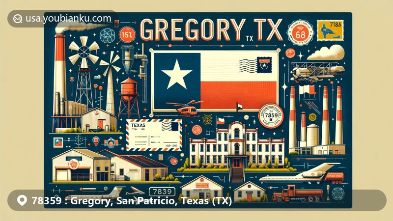 Modern illustration of Gregory, San Patricio County, Texas, showcasing small-town charm and industrial growth, featuring Texas state symbols, postal elements, and representative landmarks.