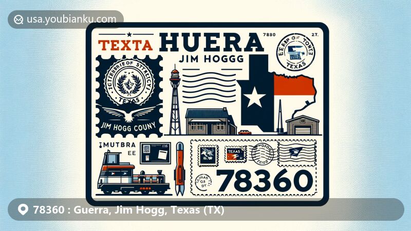 Modern illustration of Guerra, Texas, in Jim Hogg County, featuring Texas state flag and county outline in postcard design with postal symbols, including ZIP code 78360.