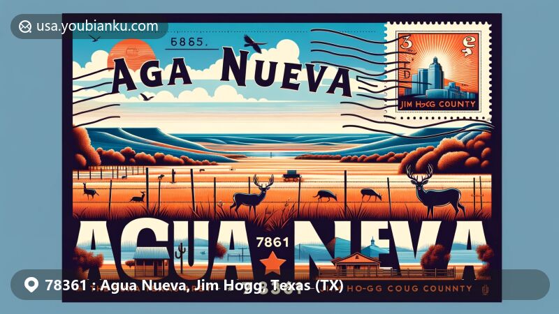 Modern illustration of Agua Nueva, showcasing the 78361 ZIP code region in Texan rural landscape, featuring wildlife, postcard with postal elements, and iconic Jim Hogg County symbol.