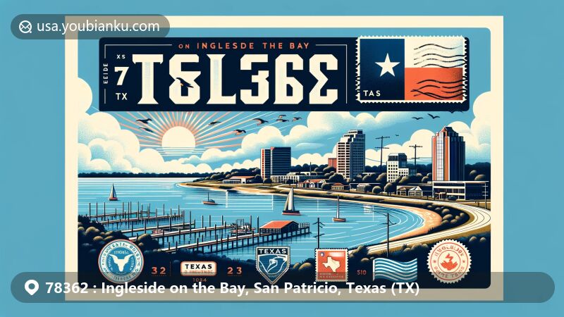 Modern illustration of Ingleside and Ingleside on the Bay, Texas, highlighting the '78362' ZIP Code area with bay waters and urban layout, featuring postal elements and Texas state symbols.