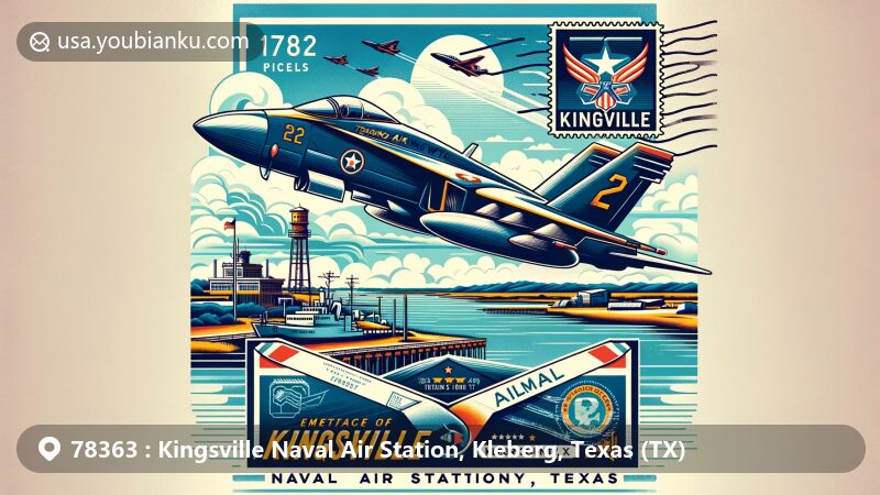 Modern illustration of Kingsville Naval Air Station in Kleberg County, Texas, featuring Training Air Wing Two aircraft, postal elements, and ZIP code 78363, symbolizing Naval aviation spirit against historical backdrop.