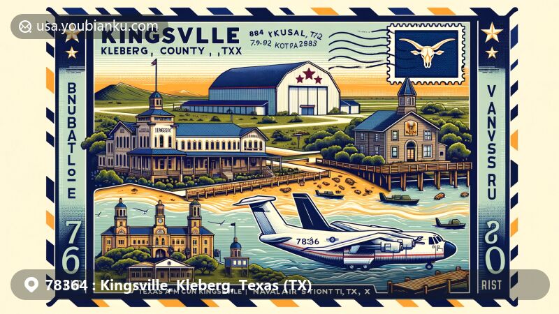 Modern illustration of Kingsville, Kleberg County, Texas, featuring King Ranch, Texas A&M University-Kingsville, and Naval Air Station Kingsville. Background includes South Texas landscape with Gulf of Mexico and Baffin Bay. Postal elements like airmail envelope, postage stamp, and markings for ZIP code 78364.