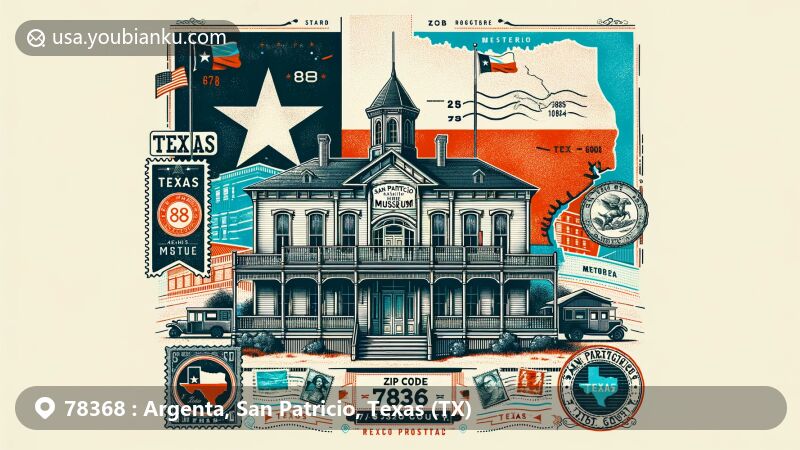 Contemporary illustration of the Old San Patricio Museum in Mathis, Texas, highlighting the postal theme with ZIP code 78368, featuring Texas state flag and postal elements in a vintage postcard backdrop.