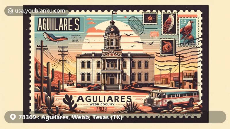 Modern illustration of Aguilares, Texas, showcasing postal theme with ZIP code 78369, featuring the Webb County Courthouse as a significant landmark.