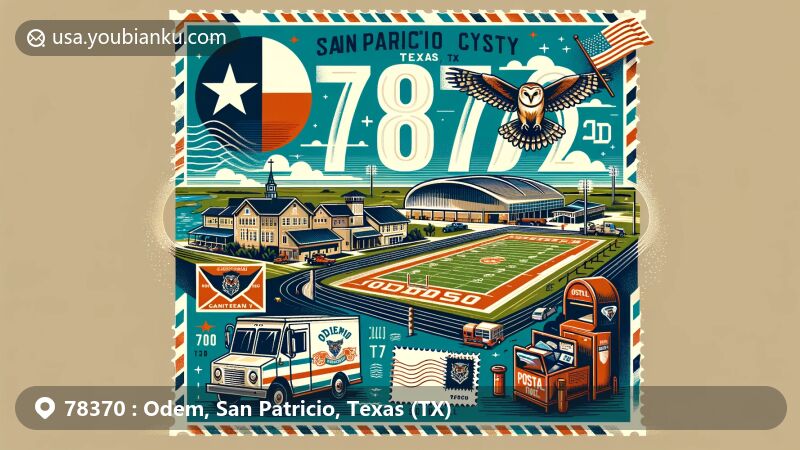 Modern illustration of Odem, San Patricio County, Texas, showcasing postal theme with ZIP code 78370, emphasizing small-town ambiance, natural surroundings, and local community spirit.