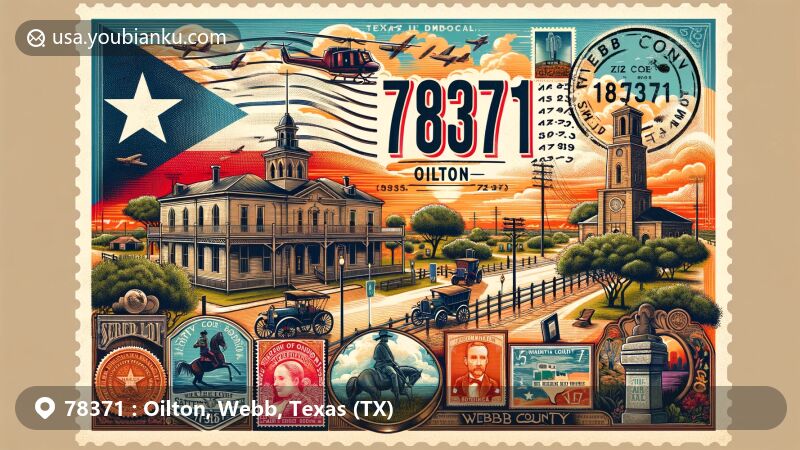 Modern illustration of Oilton, Webb County, Texas, showcasing postal theme with ZIP code 78371, featuring historic Fort McIntosh and Santos Benavides, symbolizing Civil War legacy and cultural heritage.