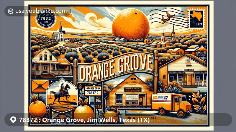 Modern illustration of Orange Grove, Jim Wells County, Texas, with reference to ZIP code 78372, highlighting town's origins with Ventana Ranch and orange grove, vintage postcard design with stamps, postmark 'Orange Grove, TX 78372', and postal imagery, capturing charm and postal heritage of this historic town.