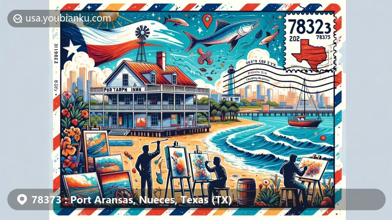 Modern illustration of Tarpon Inn, Port Aransas, Texas, showcasing postal theme with ZIP code 78373, featuring local arts community and coastal appeal.