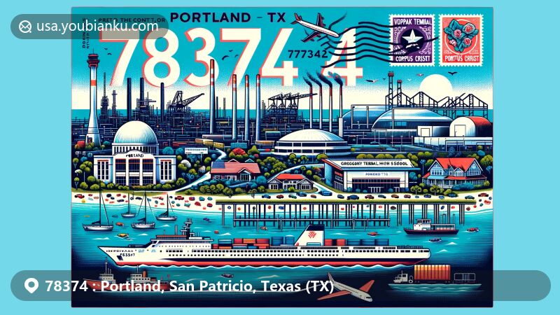 Modern illustration of Portland, Texas, showcasing postal theme with ZIP code 78374, featuring Nueces and Corpus Christi Bays, Gregory-Portland High School, Vopak Terminal Corpus Christi, beaches, and coastal living elements.