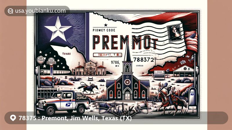 Creative illustration of Premont, Texas, featuring ZIP code 78375, Texas state flag, Santa Theresa Catholic Church, Cowboy Field, postal elements, and local culture.