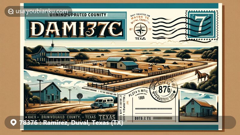 Modern illustration of Ramirez, Duval County, Texas, capturing the essence of the rural lifestyle in southern Texas, featuring ranch and agricultural elements, with vintage postcard design elements and the ZIP code 78376.