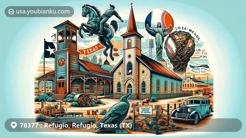 Modern illustration of Refugio, Texas, with ZIP code 78377, showcasing local landmarks and cultural elements like Refugio County Museum, Our Lady of Refuge Catholic Church, baseball heritage, and postal elements.